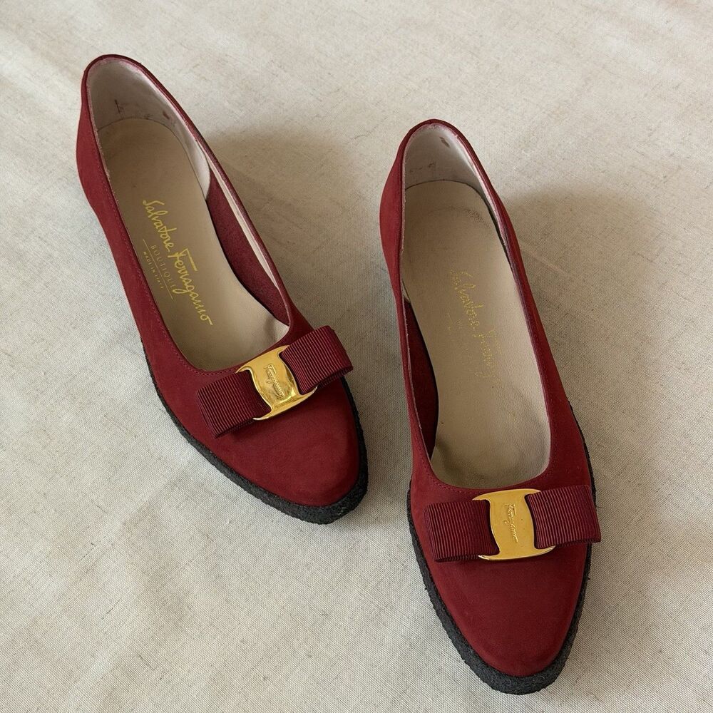 Salvatore Ferragamo Cherry Red Leather Vara Bow Platform Flats 8 3A Coquette